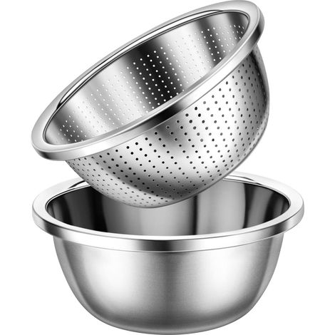 Edelstahl-Sieb (304) mit Rührschüssel – 2-in-1 Küchensieb-Set – Großes Sieb – Metallsieb aus Edelstahl für Reis, Nudeln und Gemüse – Spülmaschinenfest – 20 x 8,5 cm (1/5)