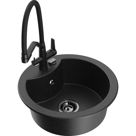 Mexen Diego lavello in granito a 1 vasca con rubinetto da cucina Duo, nero/argento metallizzato - 6512-73-671701-70-B (1/5)