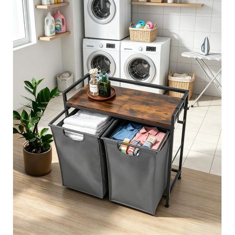 Panier à Linge Double 92 L, 2 Compartiments, Cadre Métal avec Étagère (1/5)