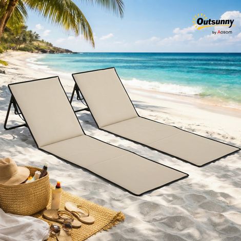 Ensemble de 2 Beige tapis plage avec dossier inclinable et sac transport pour jardin camping 142x51x40 cm (1/4)