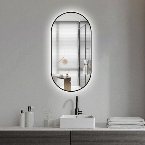 Miroir rectangle arrondi 50×100 cm – lumière d’ambiance LED 2700–6000 K, anti-buée & cadre en alu noir