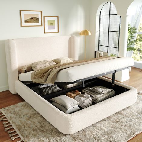 Lit double 160x200cm tissu bouclé beige tête capitonnée, coffre hydraulique grand rangement avec sommier à lattes (sans Matelas) (1/5)