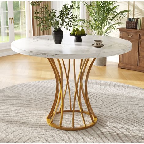 Table redonda de comedor MDF efecto mármol y metal dorado, Ø80x76 cm (1/5)