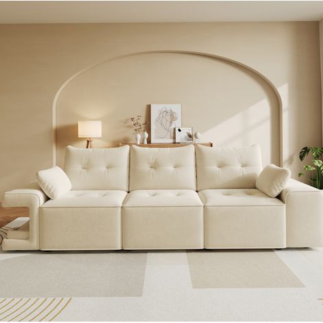 Canapé modulable 3 places avec rangement, velours beige, DESVIAE (1/5)