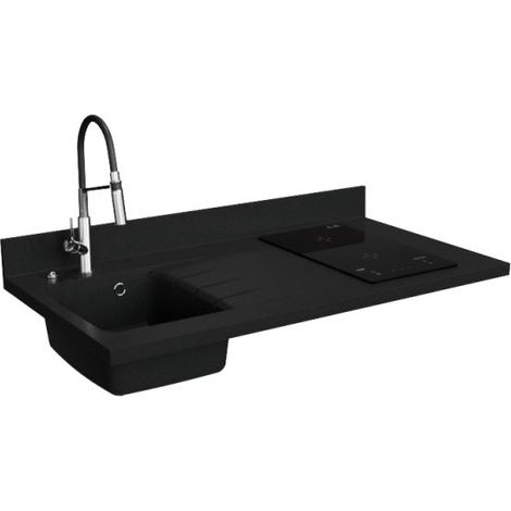 Plan de travail monobloc PlaniQuartz avec évier - 120 cm - Nero - évier à gauche - Plaque de cuisson Induction
