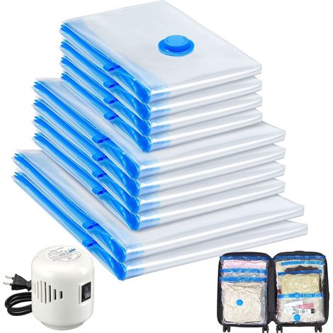 Lot 10 sacs rangement sous vide pompe électrique, voyage réutilisables compression vêtements gain place indispensables (transparent) (1/5)
