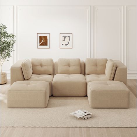 Sofá esquinero modular 3 plazas beige en pana con otomana y asiento profundo 74 cm (1/5)