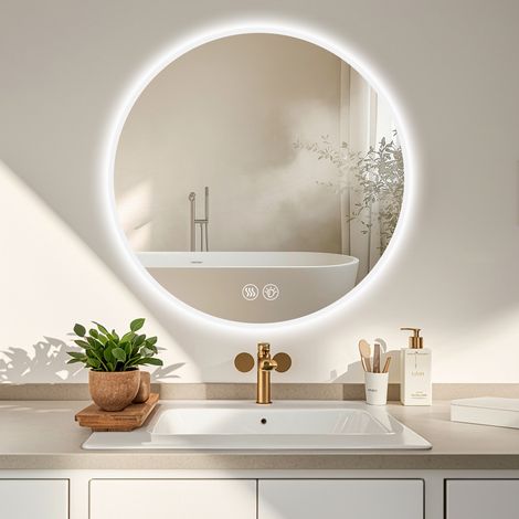 Specchio LED rotondo 70 cm per bagno, antiappannamento, 3 temperature, dimmerabile, argento (1/5)