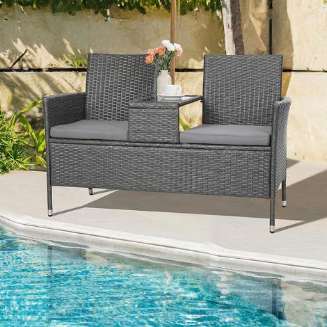 Panca da Giardino in Polyrattan con Tavolo, Set di Mobili per Balcone a 2 Posti con Cuscini Morbidi, Resistente alle Intemperie, UV-Resistant (Grigia) (1/5)