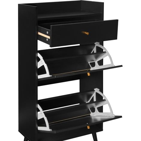 Meuble à chaussures noir en rotin synthétique avec 2 portes et tiroir, longueur 60 cm, sans fond (1/5)