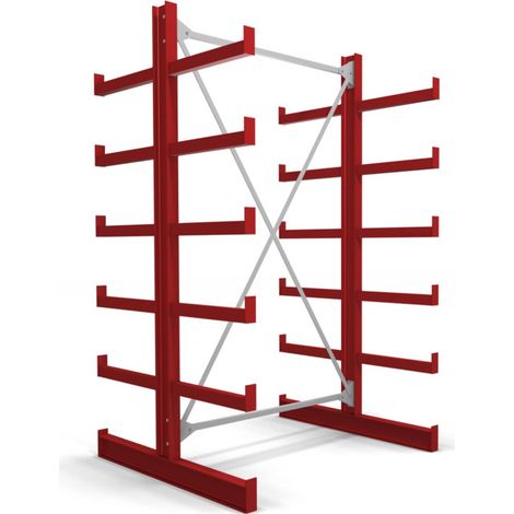 Rayonnage à bras en porte-à-faux STIER, double, 1 travée avec 5 niveaux 1300x2000x500 mm, rouge feu