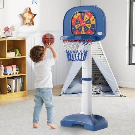 Panier de basket enfant blanc et bleu 4-en-1 avec hauteur réglable, base PP lestable et accessoires pour jardin, chambre et terrasse (1/4)