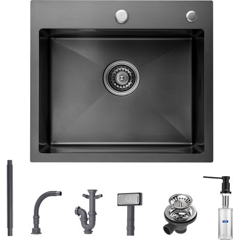 CECIPA Evier Cuisine 1 Bac Évier Inox 1 Cuve avec Siphon et Trop-Plein Évier de Cuisine 50×45×18.5CM + Distributeur de Savon Noir (1/5)