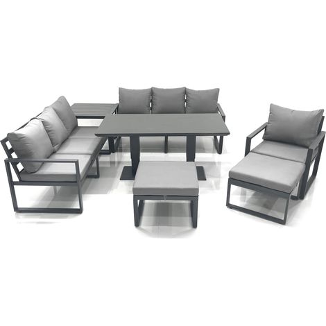 Fimous Outdoor Garden Furniture Set Aluminium Lounge Sofa Adjustable Rising Lifting Dining Table Sets with 2 Big Footstools Side Table Dark Grey (1/5)