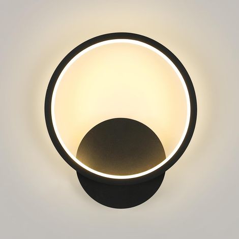 Aplique de pared interior, 12W 1350LM, aplique de pared moderno, lámpara de pared redonda, luz blanca cálida de 3000K para dormitorio, sala de estar, baño, pasillo, escalera, negro, Ø20cm [Clase energ (1/5)