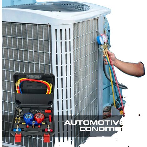 Ensemble de manomètres de climatisation, métal non corrosif, 12 x 8 x 3 pouces, Compatible avec les systèmes de réfrigérant R134a, Plage de manomètre jusqu'à 250 PSI, Longueur de tuyau de 5 pieds (1/5)