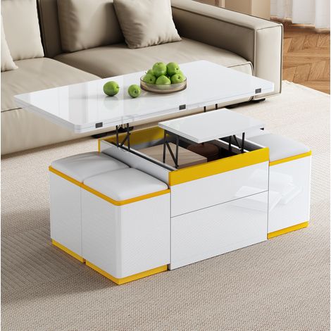 Tavolino trasformabile 100x50x43 cm bianco e giallo in MDF e pannelli di particelle con 4 pouf contenitore (1/5)
