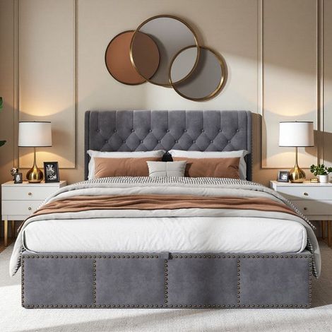 Letto con Contenitore Idraulico 160x200cm - Stoccaggio Silenzioso, Velluto Grigio Anti-Macchia e Design Moderno