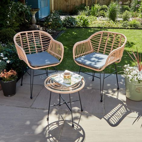 Bistro Set Natural Wicker Frame Black Steel Leg Glass Tabletop Outdoor Furniture (1/5)