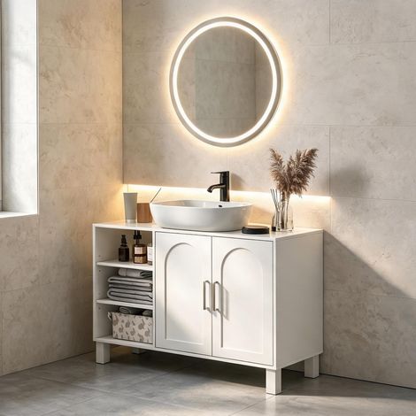 Meuble sous vasque en MDF 90 x 30 x 63 cm avec étagères cream (1/5)