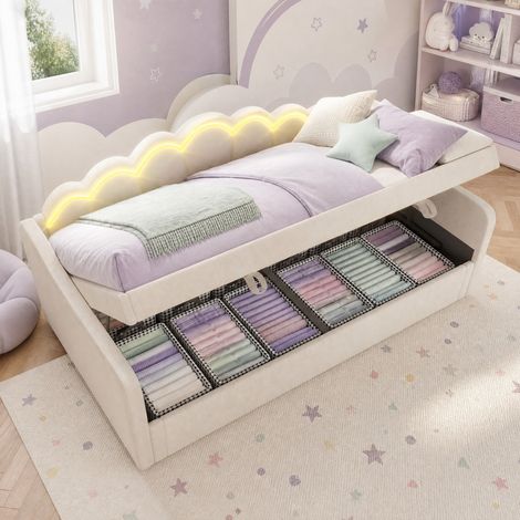 Lit 90x200 cm beige – avec rangement hydraulique, LED et tête de lit, sans matelas (1/5)