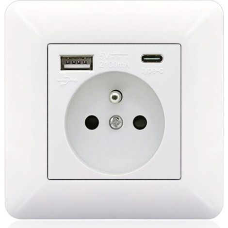 Panneau de prises françaises Type-C + USB 16A – 2 prises – 1 port USB – 1 port Type-C – Installation horizontale/verticale – Design élégant blanc