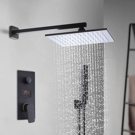 Système de douche encastré - Avec pommeau de douche carré en acier inoxydable et laiton - Avec LED de 30 x 30 cm - Noir mat (1/5)
