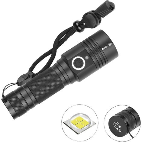 Lampe de poche magnétique Anyibai 1474 — Zoom et recharge USB — pour camping, maison et sac à dos — boîtier aluminium noir — avec cable USB (1/4)