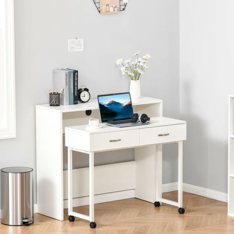 Platzsparender Schreibtisch für Schlafzimmer und Büro, mit Schubladen und Rollen, Einzel- oder Doppelarbeitsplatz, 100 x 36 x 88 cm, Weiß