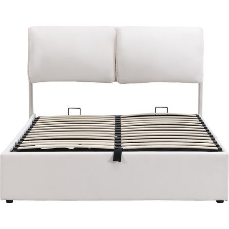 Cama tapizada 140x200 cm con arcón hidráulico, 3 cajones, cabecero, terciopelo beige (1/5)