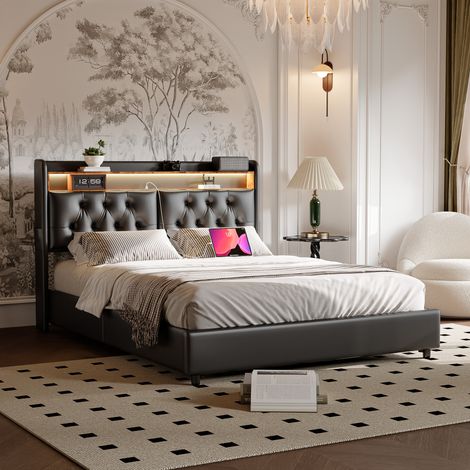 Lit adulte 180x200,lit coffre 180x200 avec sommier,lit capitonné,tête de lit rangement,dossier moelleux,LED réglable,Chargement USB, PU, noir (1/5)