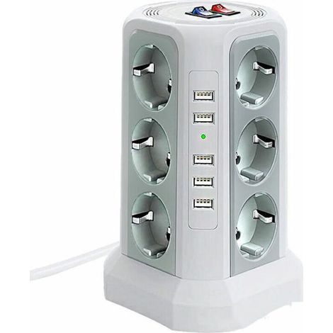 Multiprise tour parafoudre 12 prises CA et 5 ports USB – Protection 1500 J – 2 m câble – 3 interrupteurs indépendants – Blanc et gris argenté (1/4)