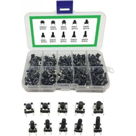 Taktiler Drucktaster, Sortimentsset mit taktilen Schaltern, 4-poliger Momenttaster, Mikro-Momenttaster, für Leiterplatten, 200er-Packung (1/4)