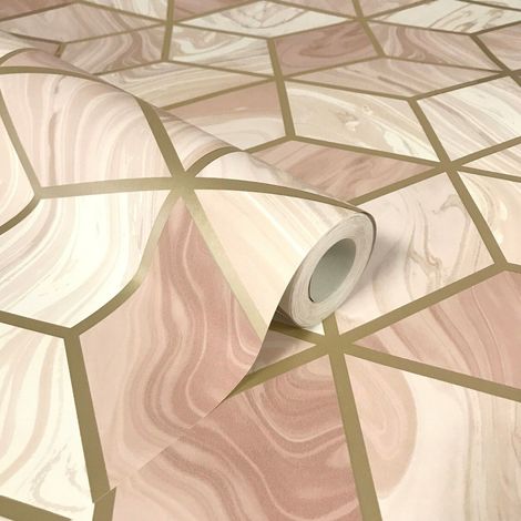 Rasch Marble Cube Diamond Geometric Holden Decor Hexagon Silver Pink Lilac Wallpaper[FULL ROLL - Marble Cube Blush 248951] (1/2)