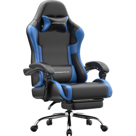 Ergonomischer Gaming-Stuhl für Büro und Homeoffice, verstellbare Rückenlehne bis 150°, mit Fußstütze – Maximale Belastung: 180 kg – Blau