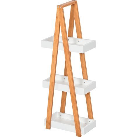 Étagère de salle de bain en bambou à 3 niveaux, étagère de rangement, étagère en bois en forme de A, 30 x 18 x 81 cm, naturel et blanc (1/5)