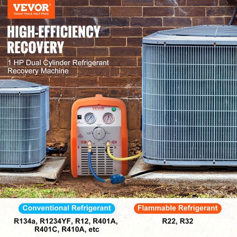 Station de Récupération Fluides Frigorigènes Portable 2 Cylindres 1 HP Machine de Récupération de Réfrigérant Liquide ou Vapeur 3,5 kg/min Auto-Nettoyage R32 R22 R134A R401A Climatisation HVAC (1/5)