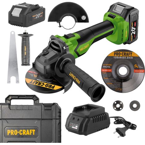 Procraft PGA22-1B-C Akku Winkelschleifer 20 V 125 mm Brushless + 1x Akku 4,0 Ah + Ladegerät + Koffer
