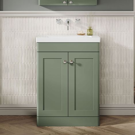 Nuie Classique Floor Standing 2-Door Vanity Unit with 0TH Contemporary Basin 600mm Wide - Satin Green
