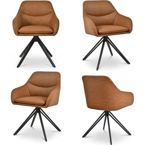 Bon Furni Piel Sintética Silla de comedor Marrón, Set de 4, giratoria 360°, acolchada gruesa, ergonómica con reposabrazos