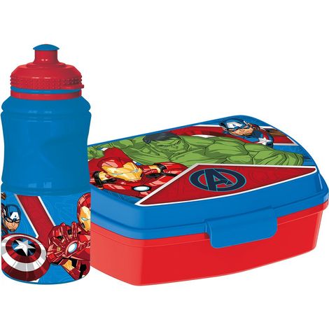 Marvel Set borraccia da 380 ml e Sandwich Box blu per bambini in plastica Avengers con banda antiscivolo e chiusura di sicurezza (1/5)