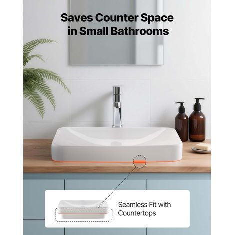 Lavabo de salle de bain semi-encastré, vasque rectangulaire en céramique blanche de 490 x 305 mm avec trou de vidange de 4,5 cm, év… (1/5)