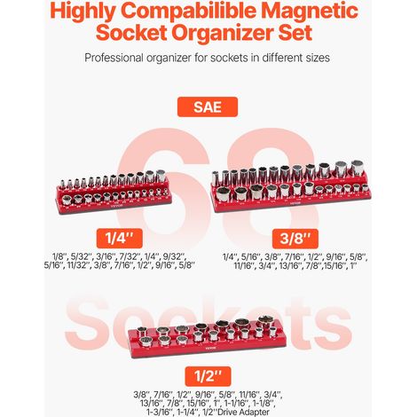Kit Organisateurs Douilles Magnétiques, Lot de 3, Plateaux de Douilles SAE 1/4'', 3/8'', 1/2'', avec Étiquettes Transparentes, Capa… (1/5)