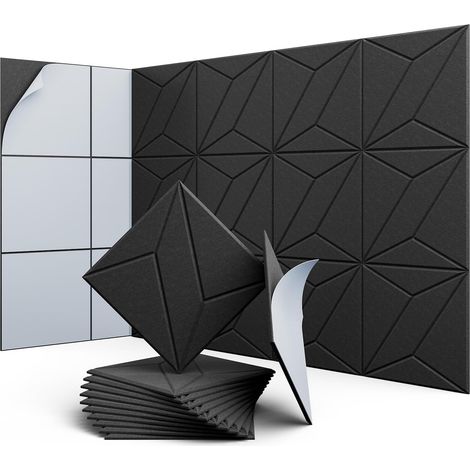 Lot de 12 panneaux acoustiques auto-adhésifs, rembourrage insonorisant en polyester, panneaux muraux insonorisants haute densité, 30 x 30 x 1 cm, noir (1/5)