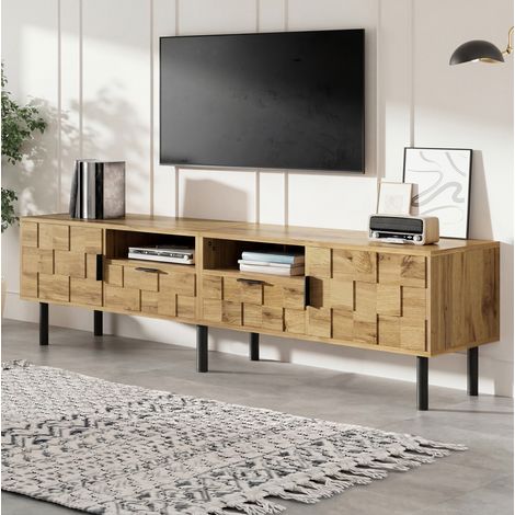 Mueble TV 160x35x42.5 cm natural y negro en tablero de partículas con diseño mosaico y 2 puertas 2 cajones (1/5)