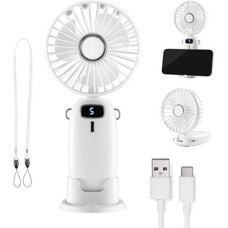 Leichter, tragbarer USB-Ventilator mit 5 Geschwindigkeitsstufen, 90° schwenkbarem Kopf, 60 cm langem Befestigungsgurt und integrierter Smartphone-Halterung – ideal für Büro, Zuhause und Reisen (weiß) (1/5)