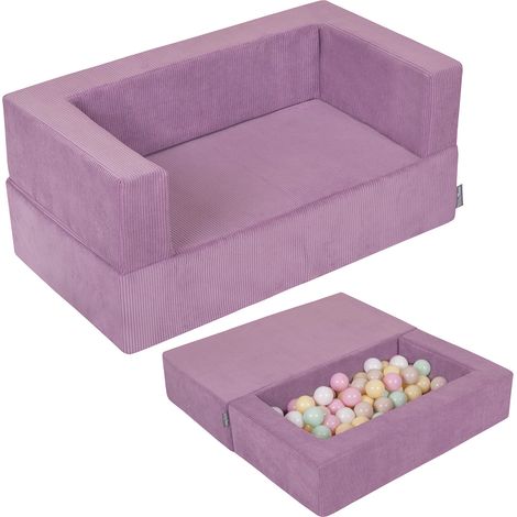 Divano per bambini KiddyMoon con 100 palline da 7 cm, morbido divano in schiuma, leggero, modulare, versatile, con rivestimento rimovibile. Perfetto per giocare, imparare e rilassarsi, viola. (1/5)