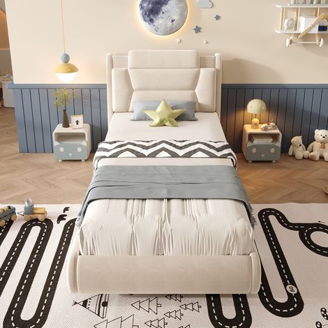 Lit enfant voiture rembourré 90x200 cm - coffre au pied du lit, liseuse et port de charge - design roues - tissu - Vert (1/5)