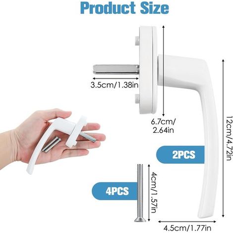 2 manijas de ventana de PVC，cerradura de ventana sin llave，ideal para ventanas y balcones，manijas de puertas y ventanas，blanco (1/4)