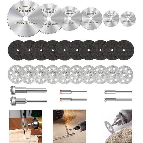 Mini Disques à Tronçonner, 10pcs Disque Diamant à Tronçonner, 10pcs Disque de Coupe en Résine, 6pcs Lame de Scie Circulaire HSS avec Tige 1/8" pour Bois, Aluminium, Verre, Plastique, Métal (1/5)